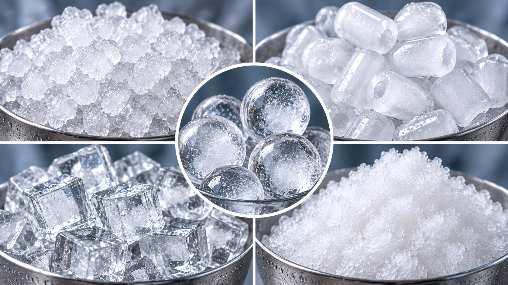 Collage showing five ice types: nugget, bullet, cube, sphere, and slushie produced by Crylivo machines