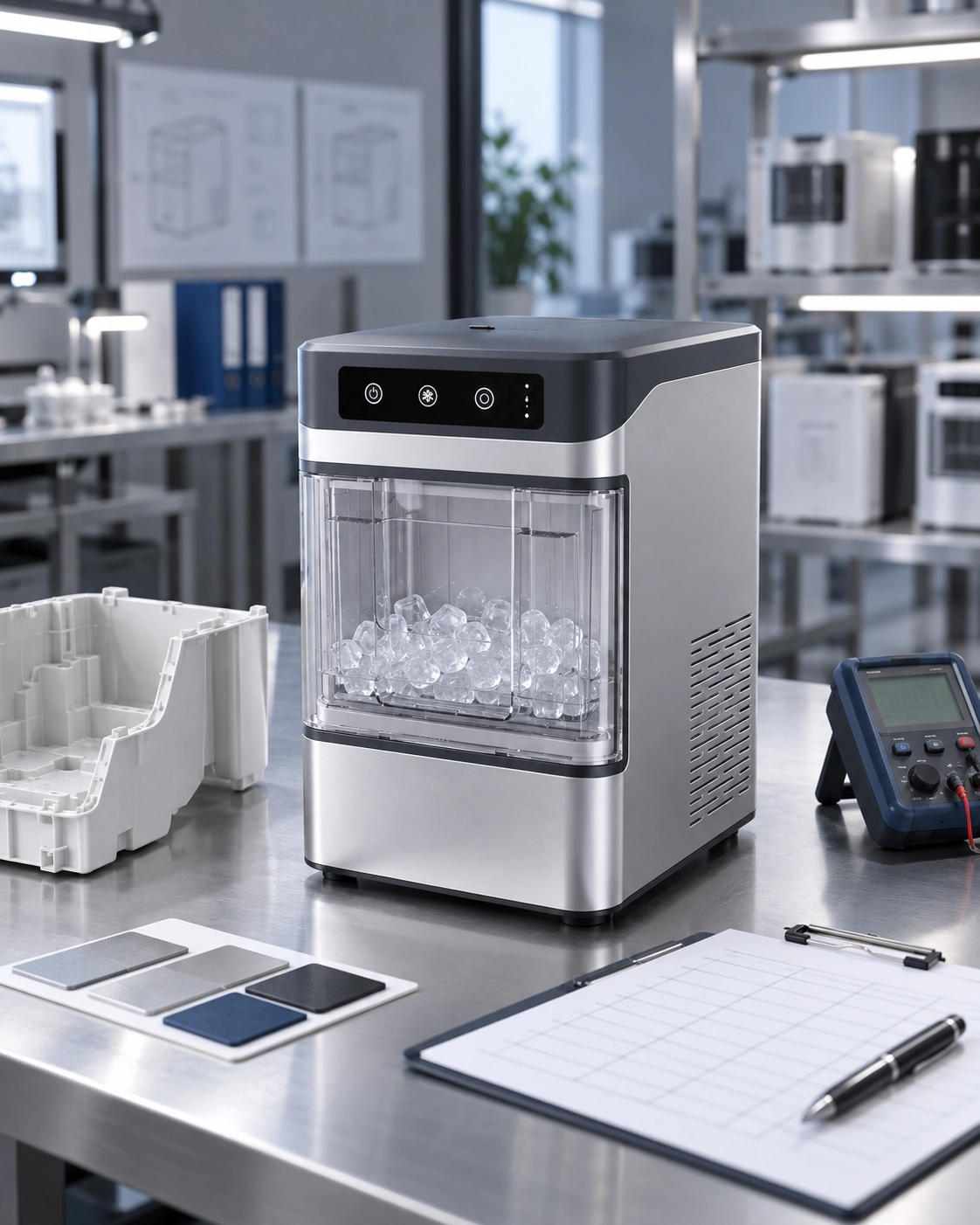 Crylivo factory floor showing assembly lines and injection molding equipment for ice maker production