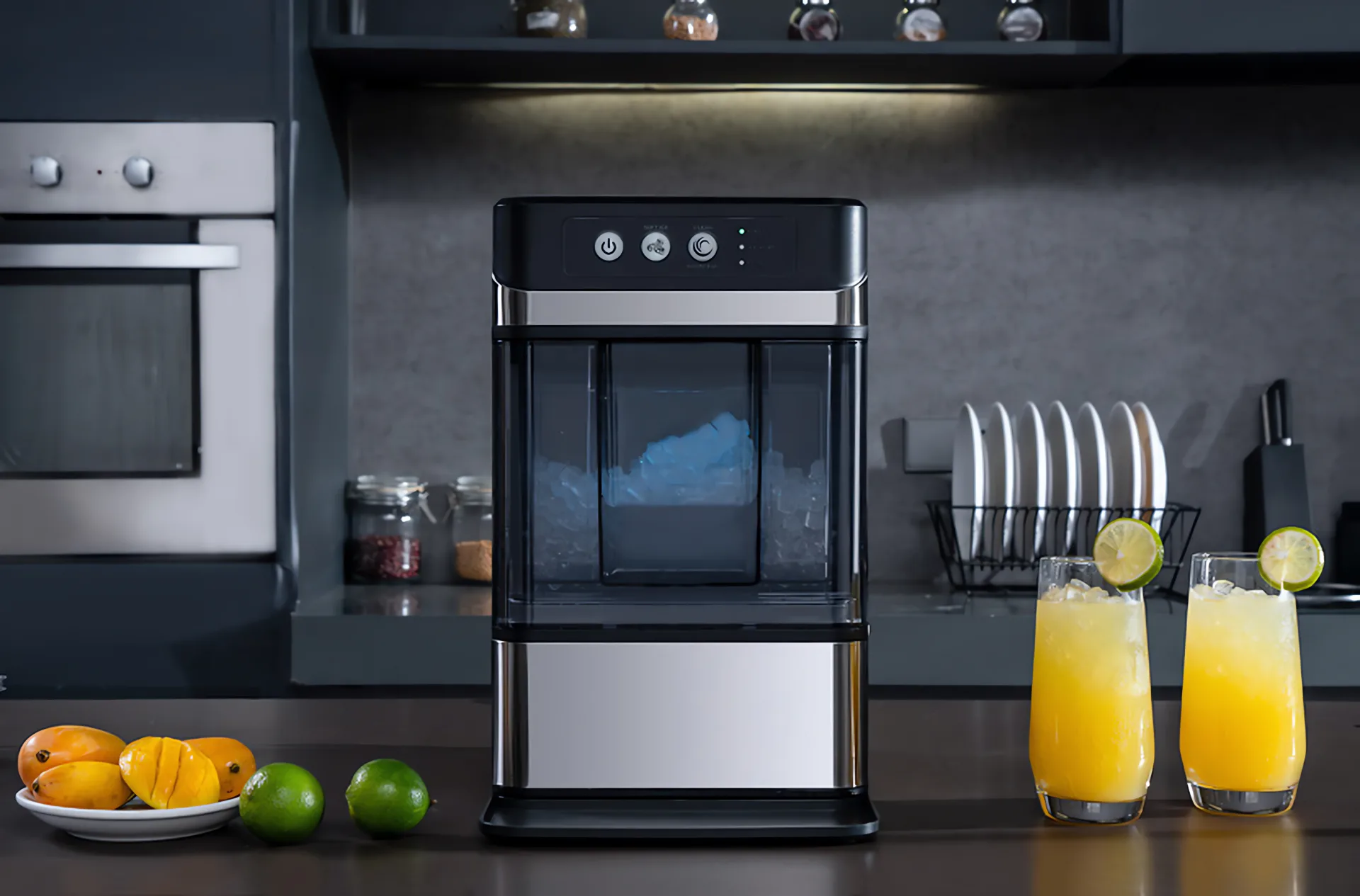 Composite image showing Crylivo ice machines across home, office, bar, café, convenience store, and hotel environments